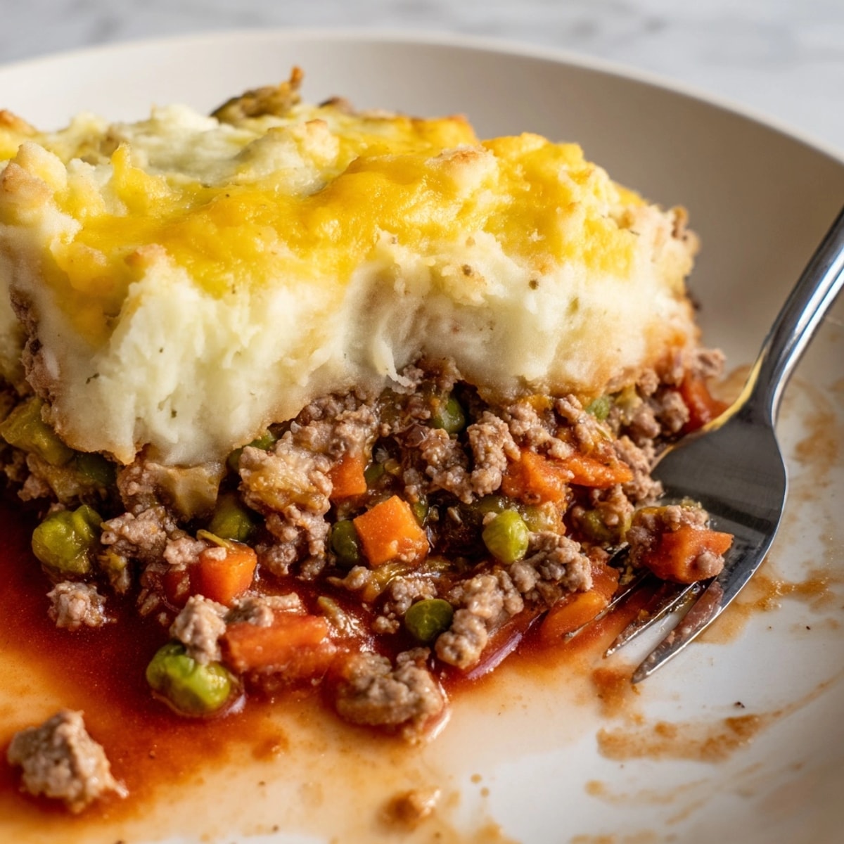 Close-up of homemade Warm Rustic Shepherds Pie: rich meat and vegetable filling under creamy potato topping.
