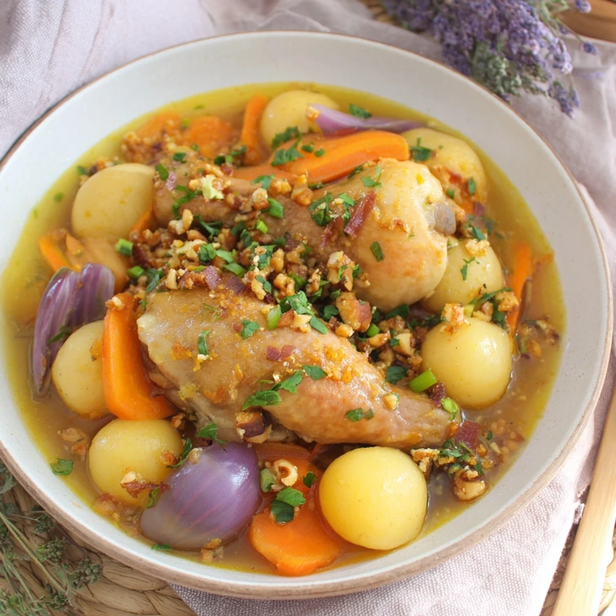 A steaming bowl of Nut-Warm Homestyle Chicken and Dumplings, ready to warm your soul.