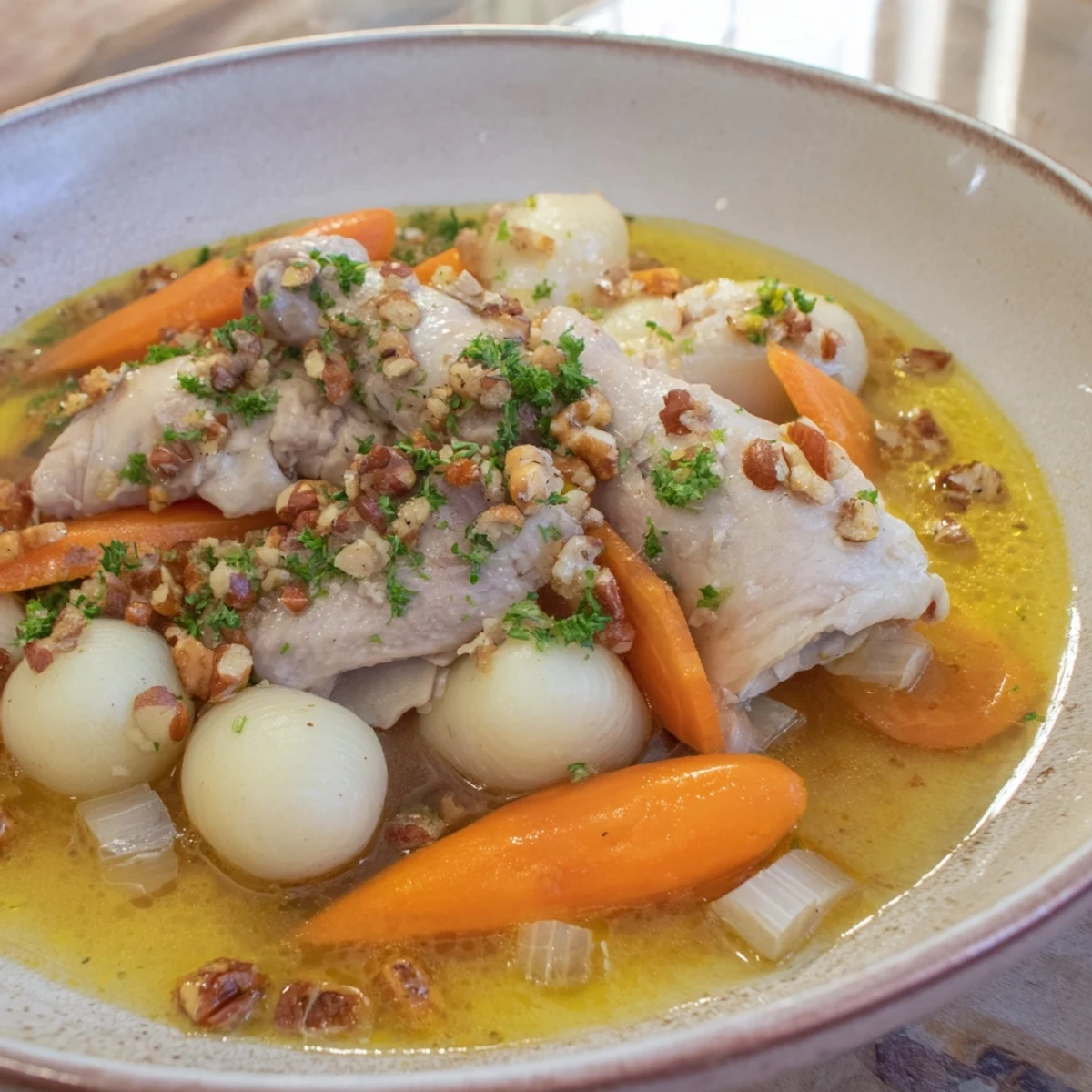 Tender chicken and fluffy dumplings in a rich broth: savor Nut-Warm Homestyle Chicken and Dumplings tonight.