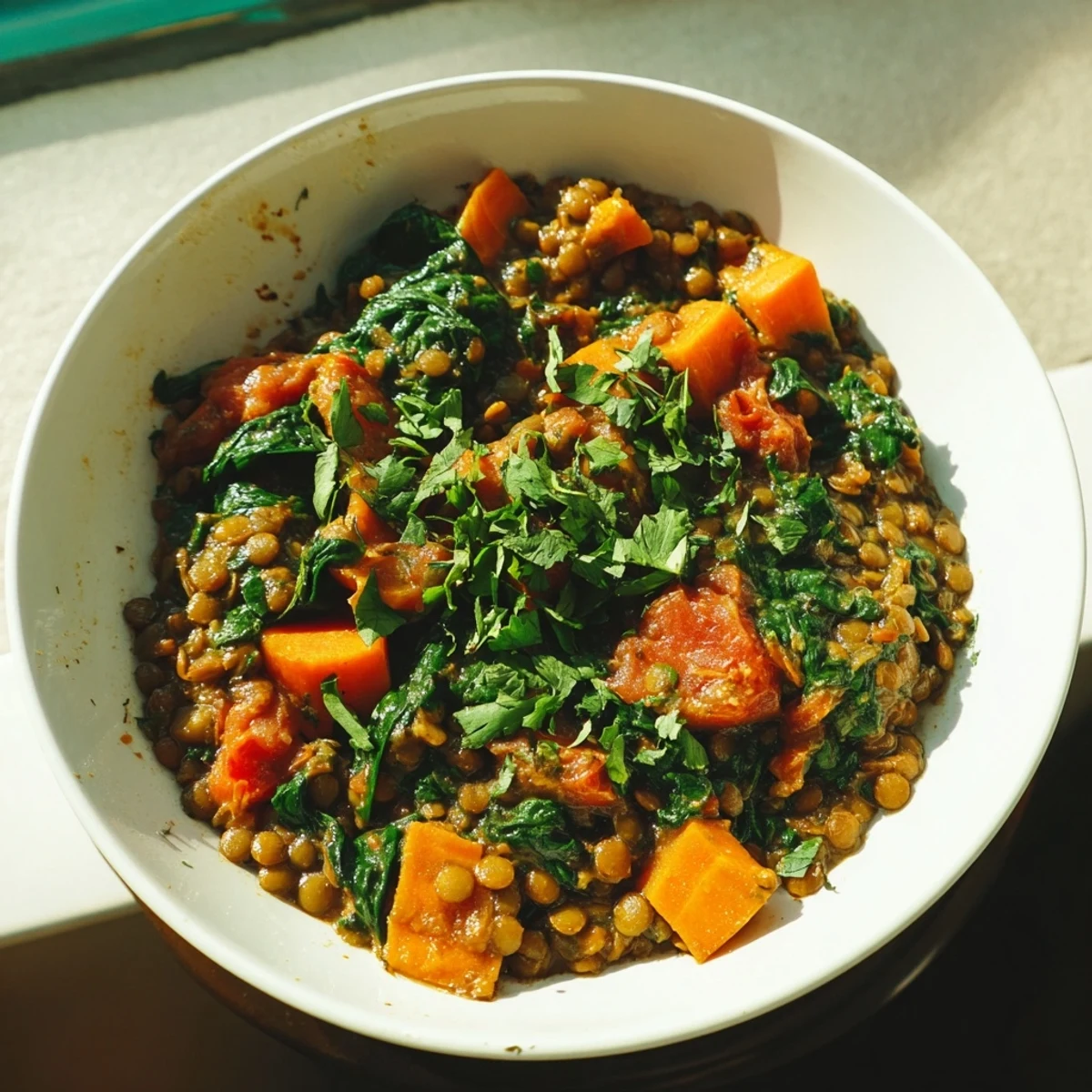 Steaming Lentil and Spinach Curry, a colorful one-pot meal bursting with earthy spices and fresh spinach.