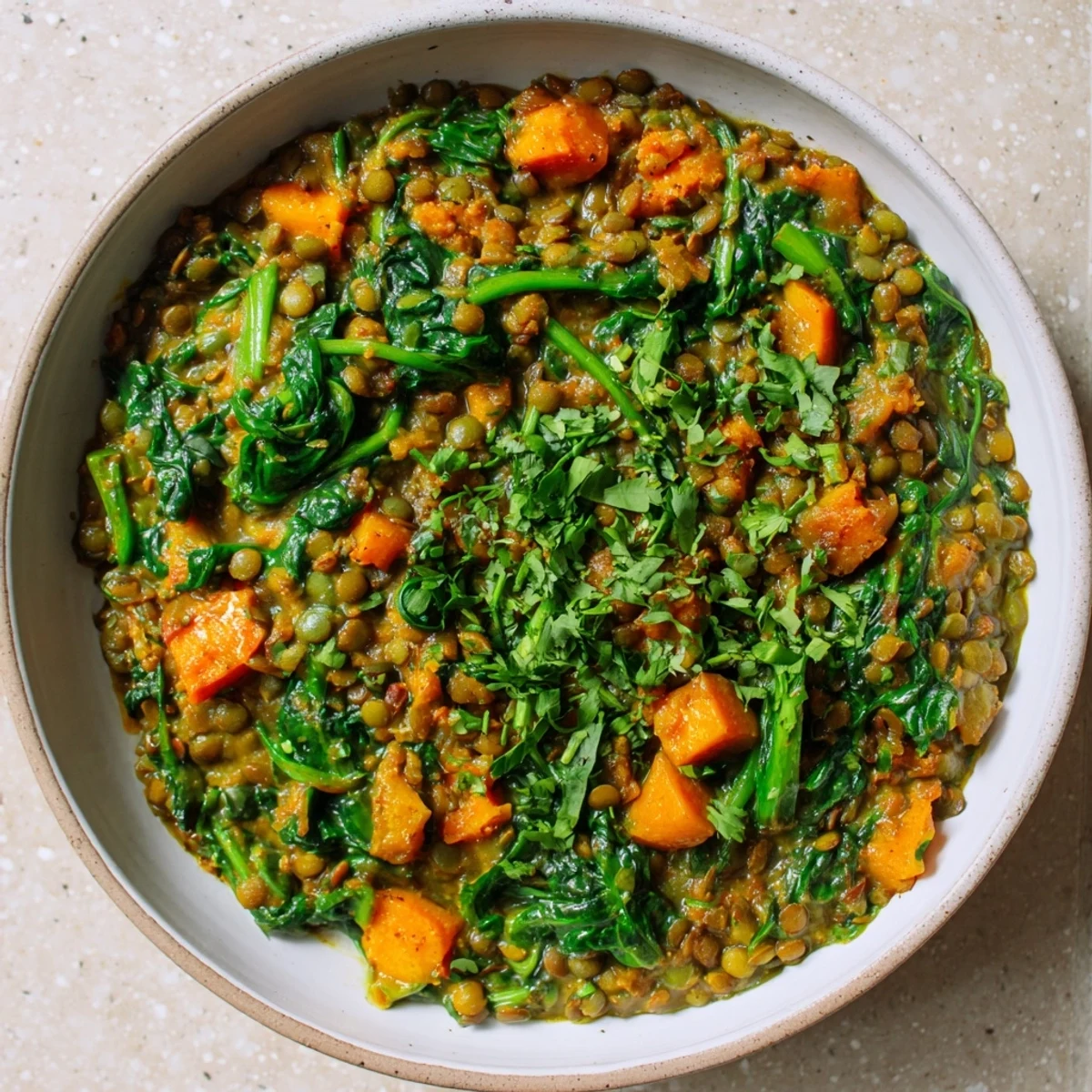 A close-up of a flavorful Lentil and Spinach Curry, served in a bowl, garnished with cilantro.