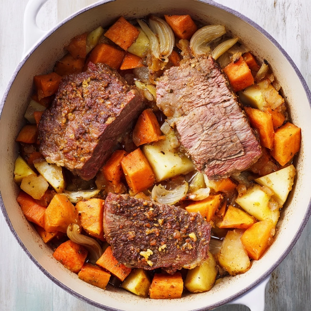 A steaming bowl of Everyday Family Favorite Pot Roast featuring fall-apart beef and hearty, glazed vegetables.