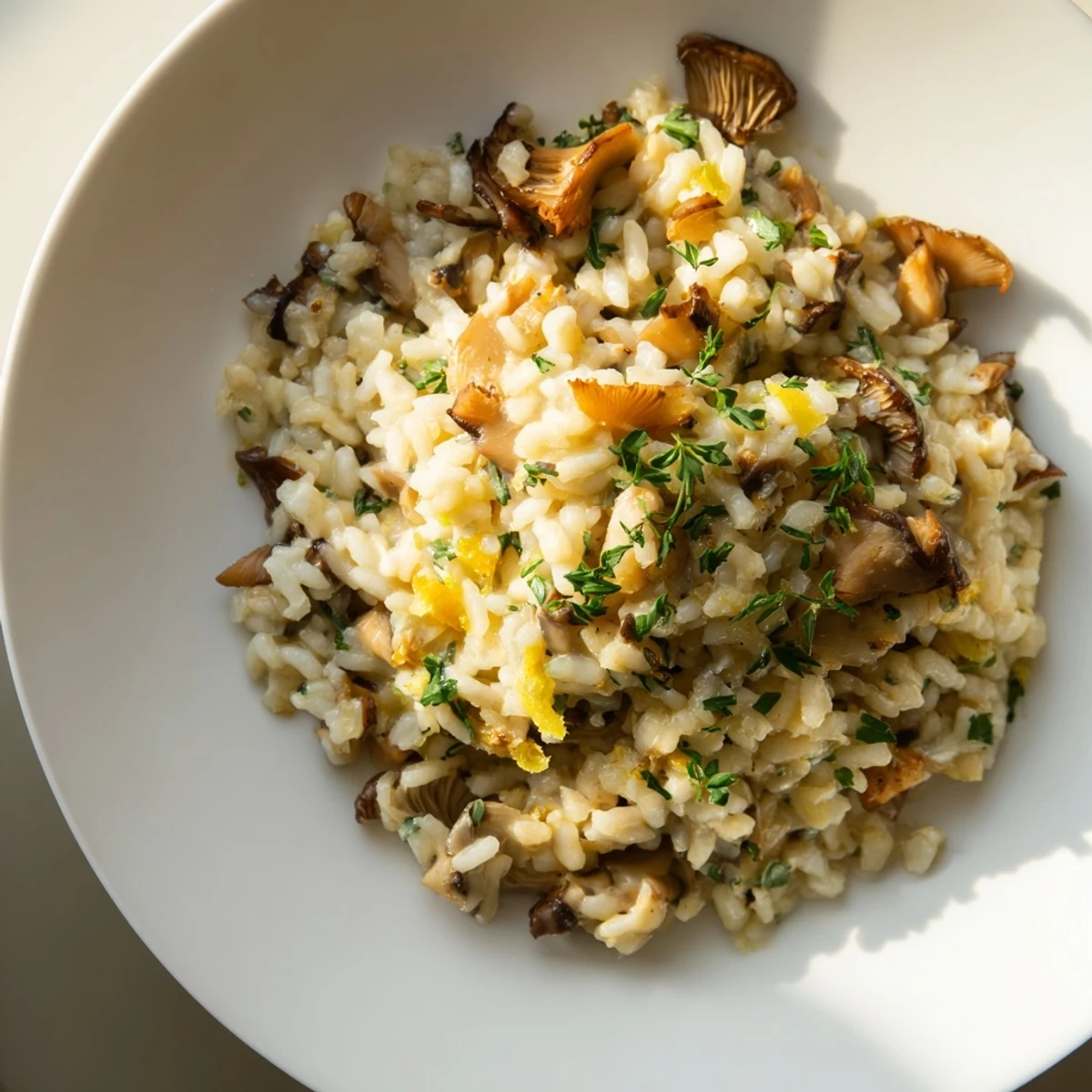 A close-up of creamy Cedar-Warm Mushroom and Thyme Risotto, garnished with fresh thyme sprigs.