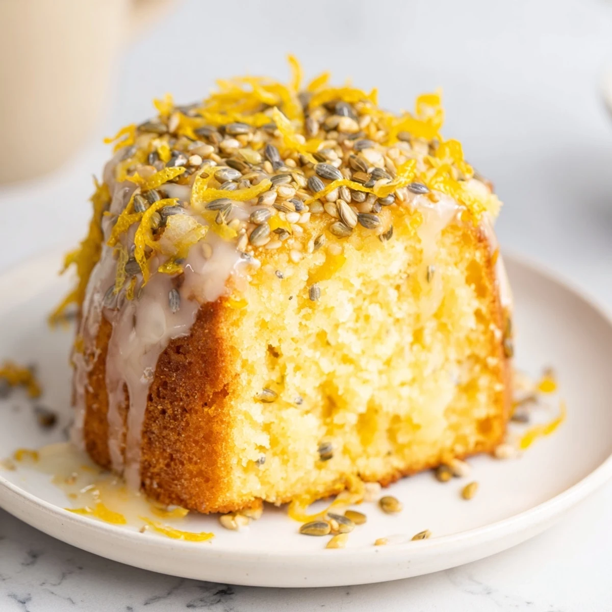 Moist and tender Lemon Poppy Seed Cake, freshly baked, offers a delightful combination of flavors and textures and looks amazing.
