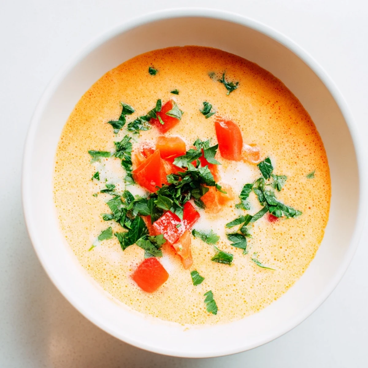 Creamy Whisked Weeknight Tomato and Basil Soup, swirled with cream and served hot in a bowl.