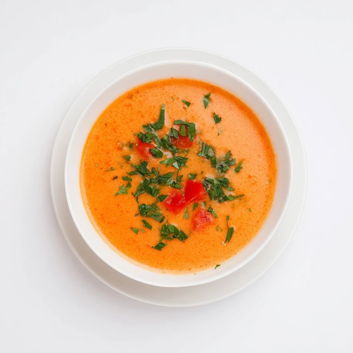 A vibrant bowl of Whisked Weeknight Creamy Tomato and Basil Soup, garnished with fresh basil.