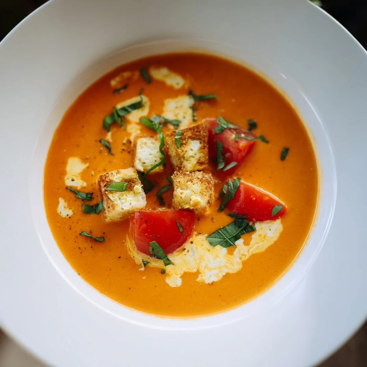 Enjoy a steaming spoonful of this delicious Whisked Weeknight Creamy Tomato and Basil Soup with grilled cheese.