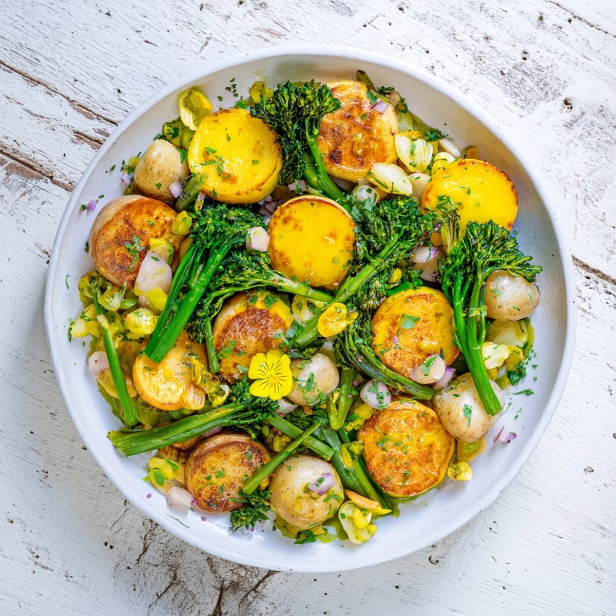 A vibrant light herb and fern-inspired vegetable platter, showcasing tender, golden roasted seasonal veggies.