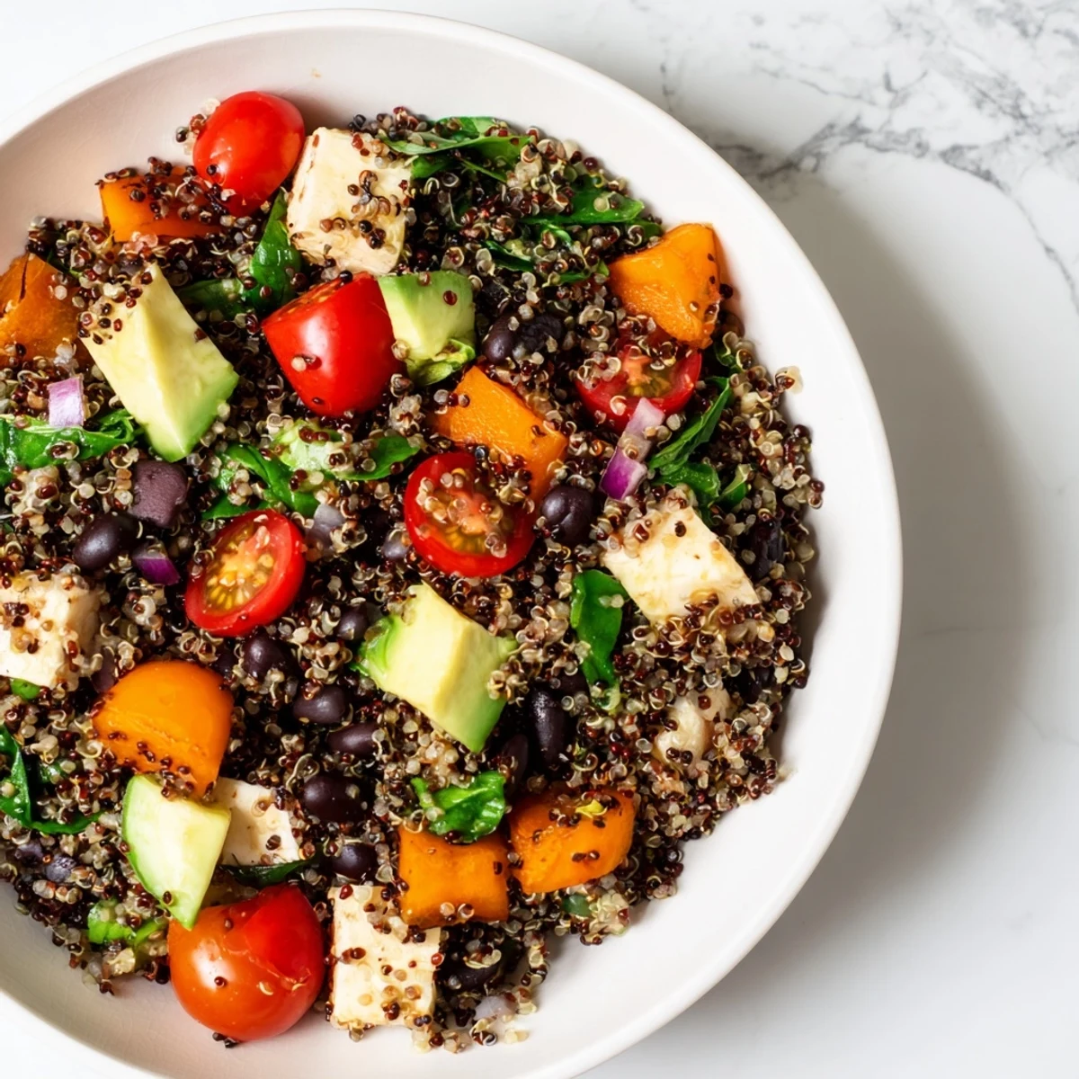 This Poppy-Bright Quinoa and Black Bean Salad shows a colorful mix, perfect for a light, satisfying lunch or dinner.