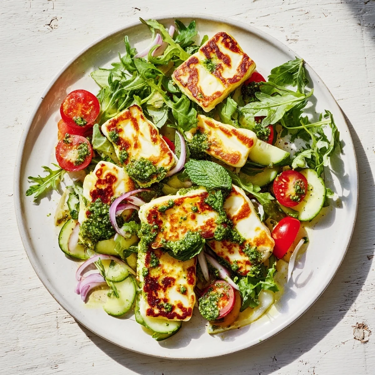 Enjoy a flavorful grilled halloumi and pesto plate with fresh basil, for a light and healthy dinner.