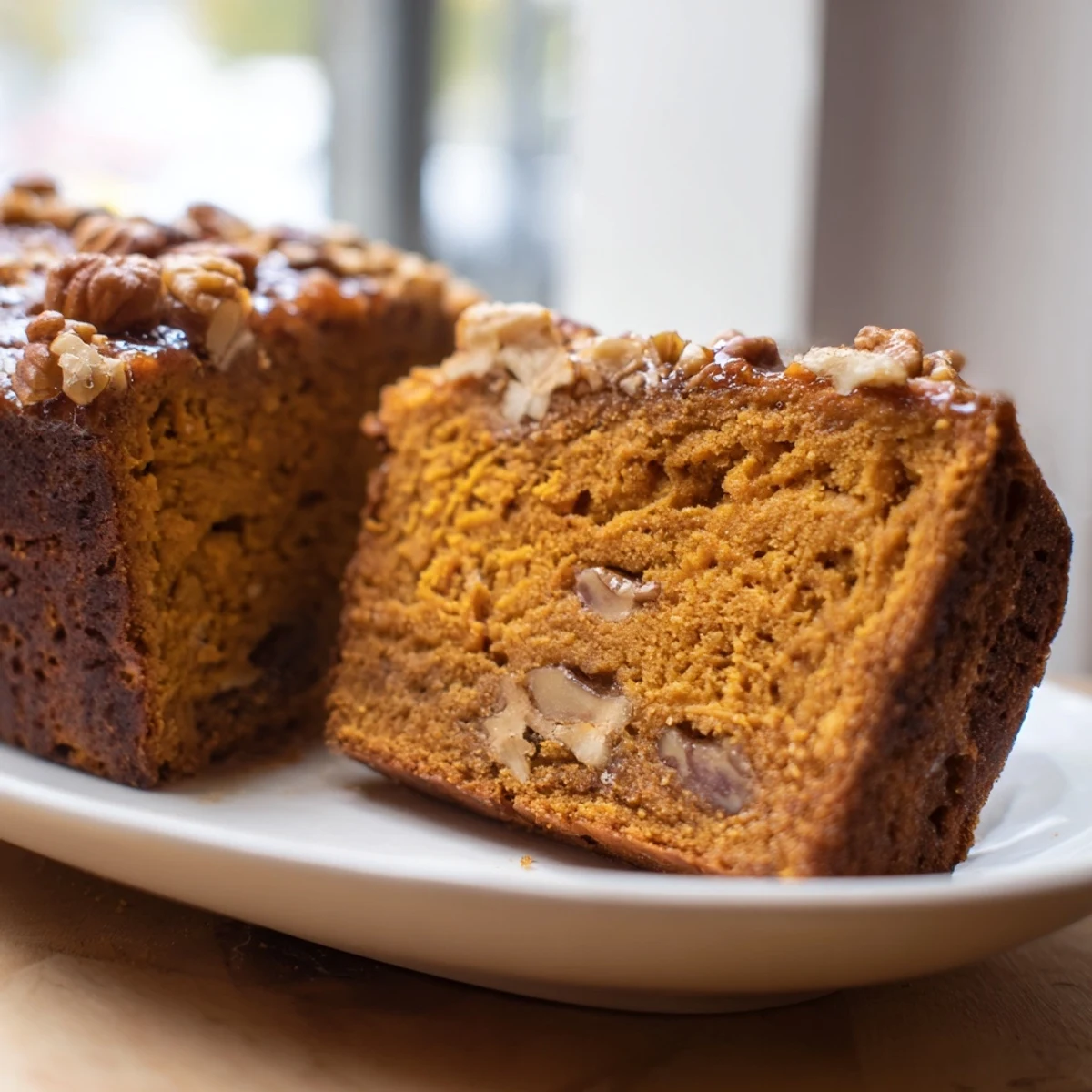 Golden-brown Weekend Cabin-Style Sweet Potato and Pecan Loaf slices, ready to serve with butter.