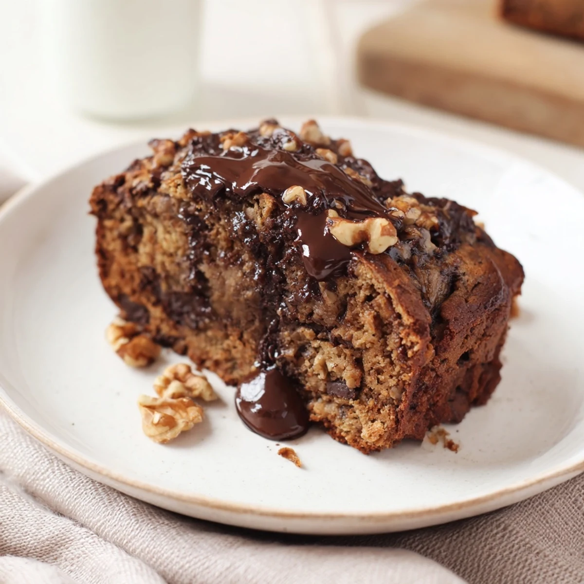 Warm, freshly baked chocolate chip banana bread, a slice revealing melting chocolate.