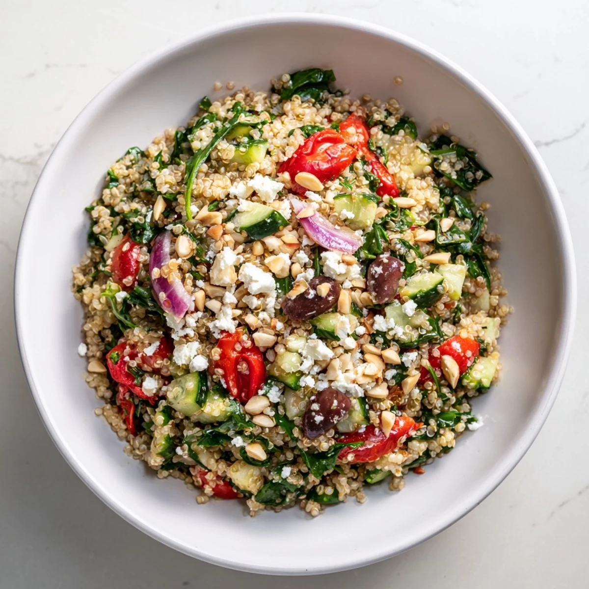 Mediterranean Grain Bowl with vibrant colors and a lemon-herb dressing, ready to eat.
