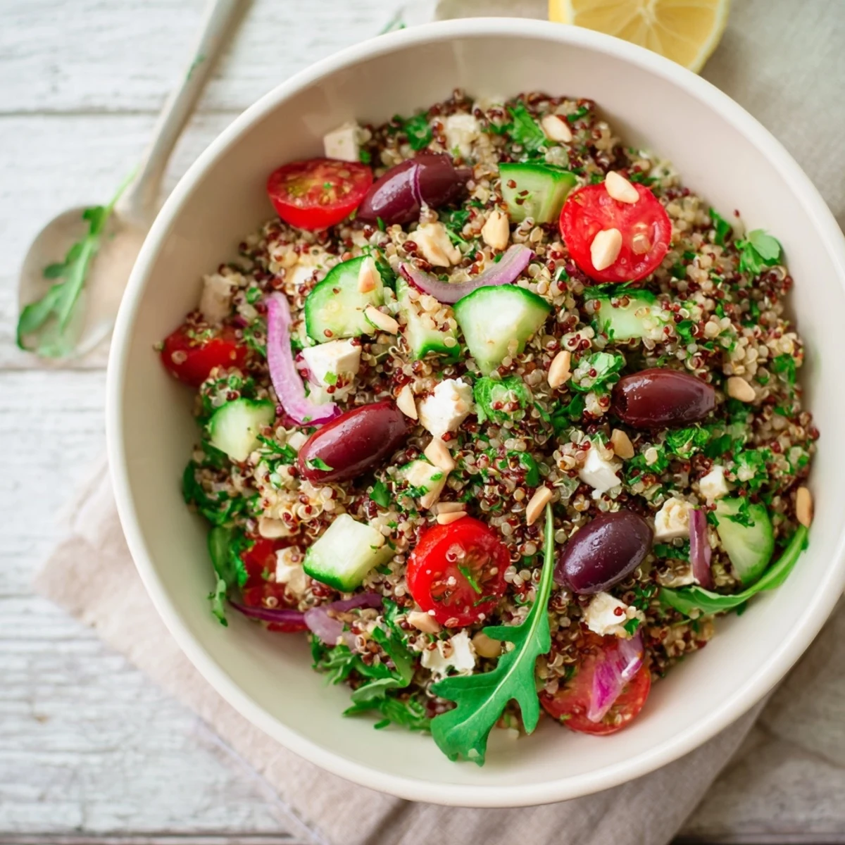 Fresh ingredients make up this colorful Mediterranean Grain Bowl, perfect for a light lunch.