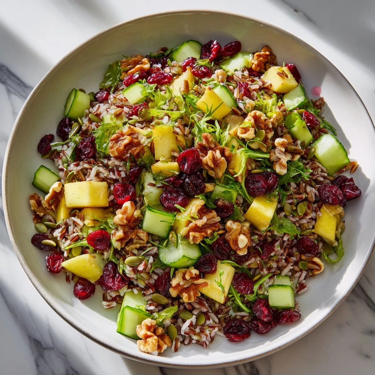 A closeup reveals a delicious Light Forest-Inspired Wild Rice and Cranberry Salad, perfect for a fresh summer lunch.