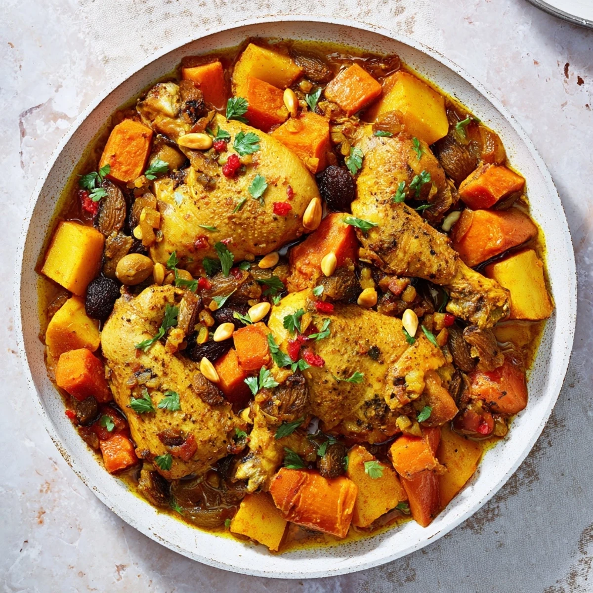 Soft slow-cooker Chicken and Sweet Potato Tagine, a warm, fragrant stew, garnished with fresh cilantro.