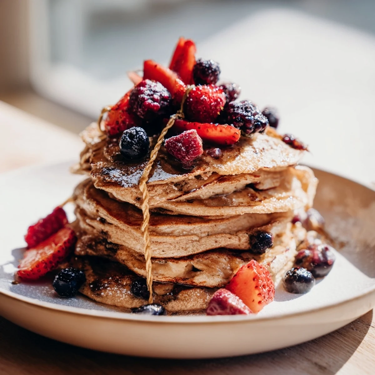 Golden-brown, fluffy ricotta pancakes stacked high, ready to be drizzled with sweet maple syrup.