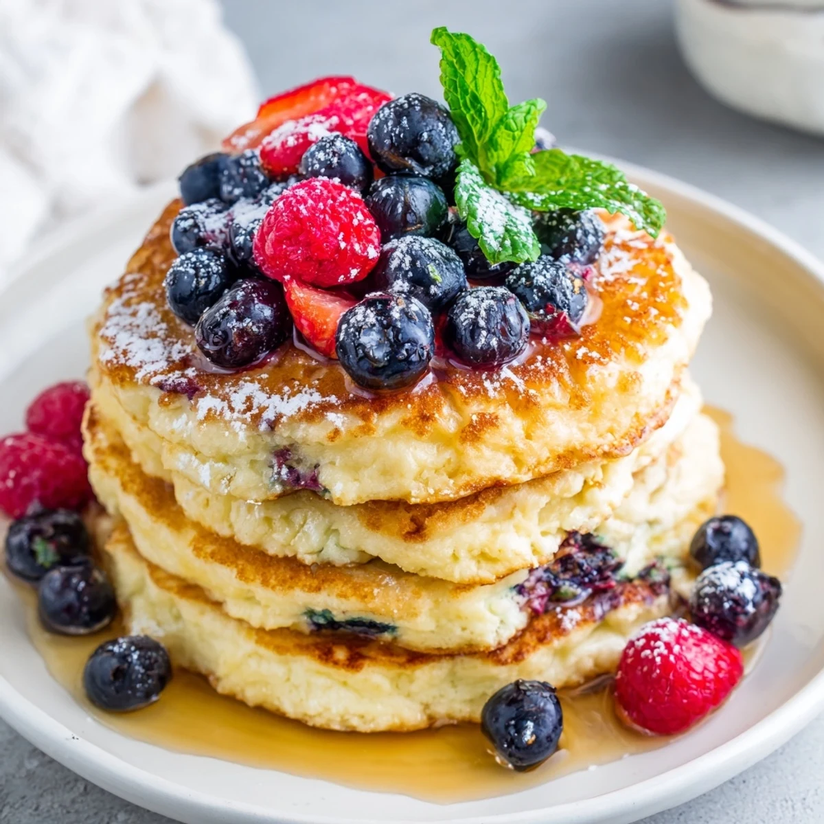 Enjoy a stack of these delicious ricotta pancakes, perfect for a cozy, family-style brunch.