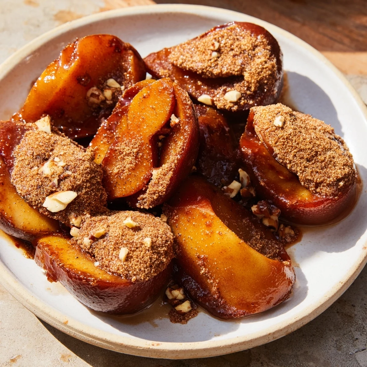 Golden Maple-Warm Cozy Plate with baked pears, cinnamon-spiced, and generously scattered walnuts.