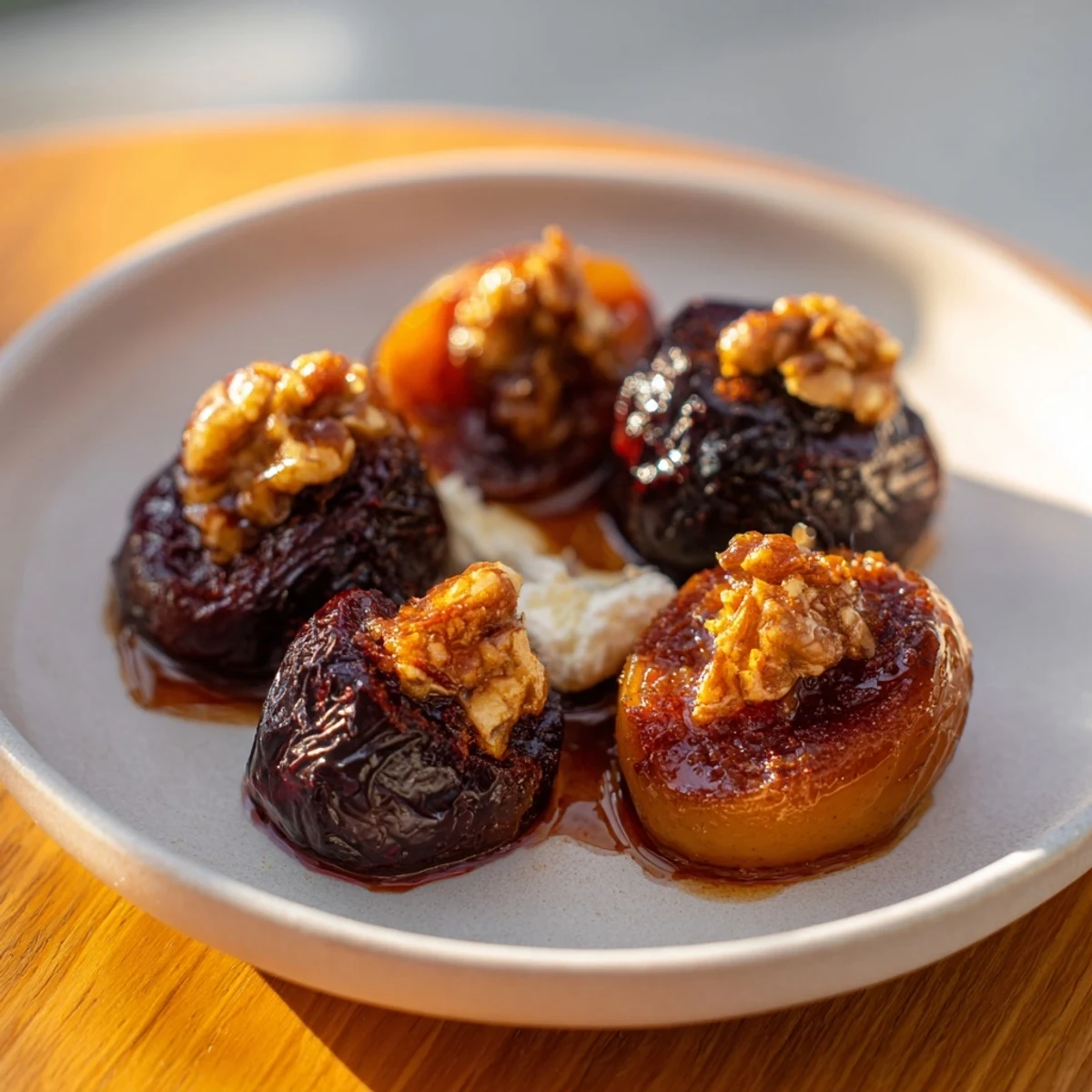 Close-up photo of a comforting Maple-Warm Cozy Plate, inviting with caramelized fruit and walnuts.