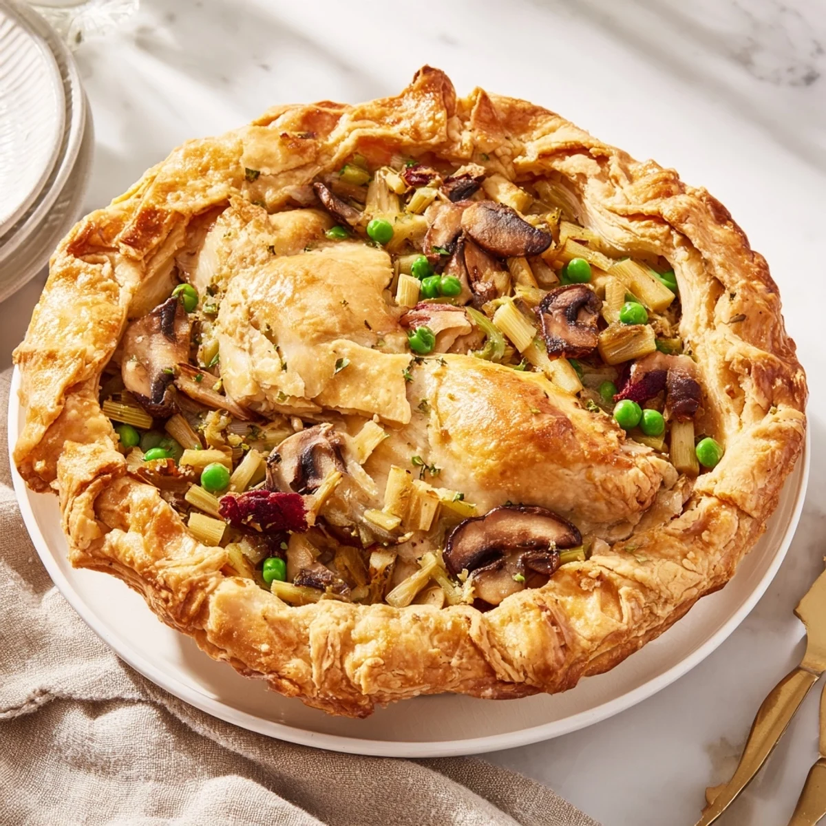 Steaming spoonful of rich Laurel & Herb Chicken Pot Pie, with tender chicken and buttery pastry invitingly.