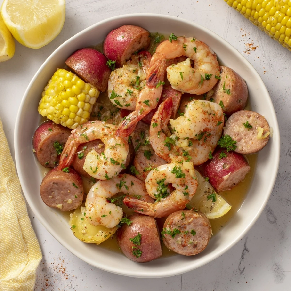 Steaming one-pot Seaside-Inspired Shrimp Boil, vibrant shrimp and corn with sausage, ready to serve.