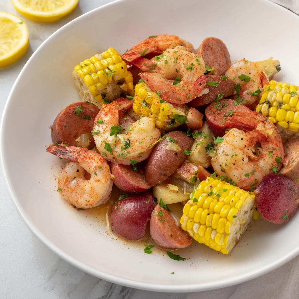 Aromatic one-pot Seaside-Inspired Shrimp Boil featuring pink shrimp, potatoes, and sausage, a complete meal.