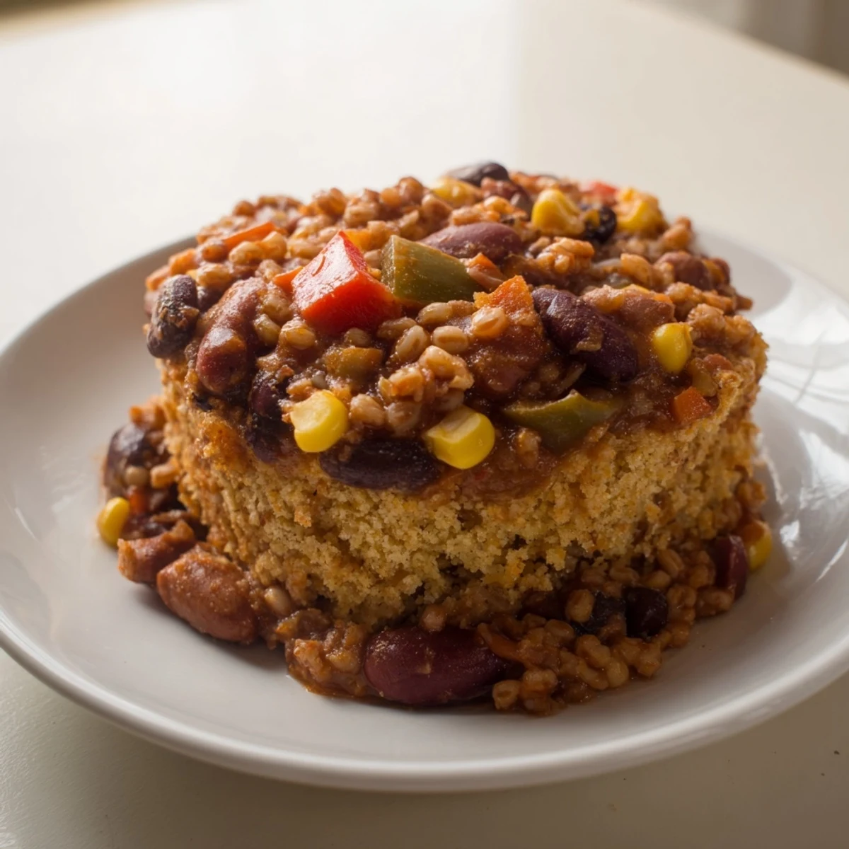 Steaming bowl of Rustic Wheat-Warm Chili with a golden cornbread topping, perfect for chilly evenings.