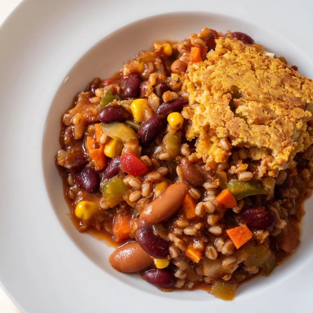 A close-up of a hearty Rustic Wheat-Warm Chili, topped with fluffy, baked cornbread, ready to be enjoyed.