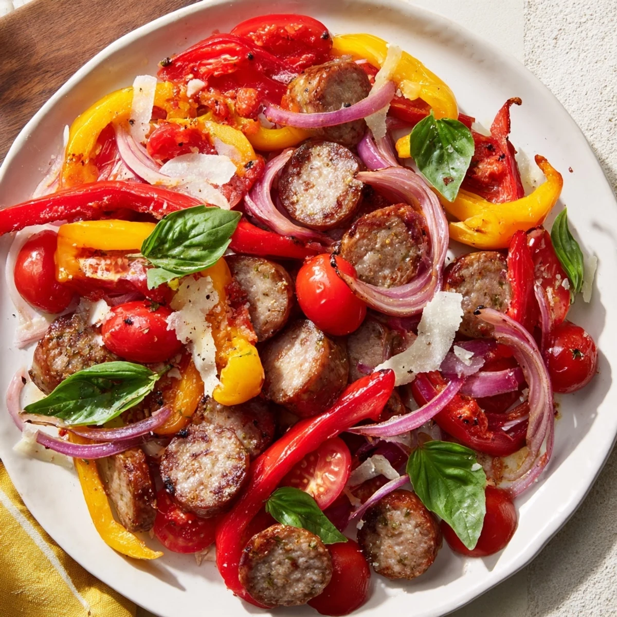One-pan Basil-Boosted Sausage and Pepper Skillet Supper: a flavorful, Italian-inspired dinner with fresh basil.