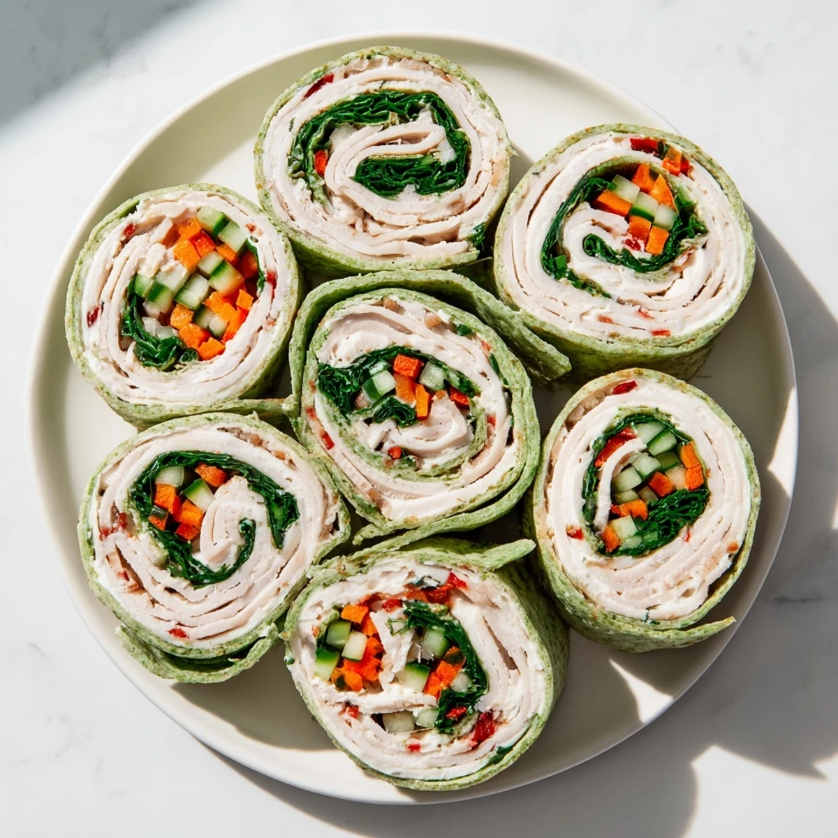 Festive Smoked Turkey Pinwheels Tree appetizer, with bright red pepper and cucumber rolls.