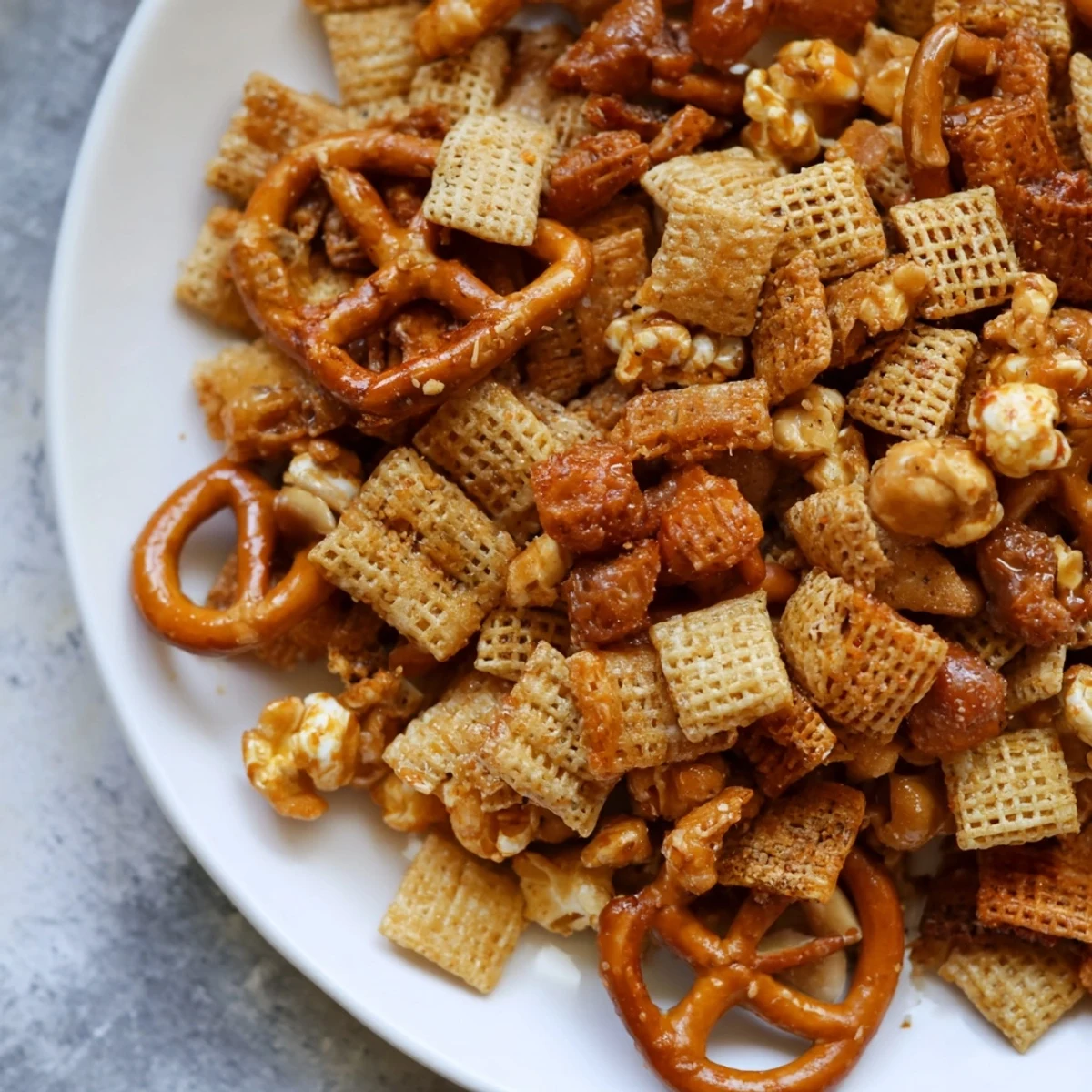 Golden-brown Party Mix glistening with a sweet, cider glaze; perfect snack for a holiday gathering.