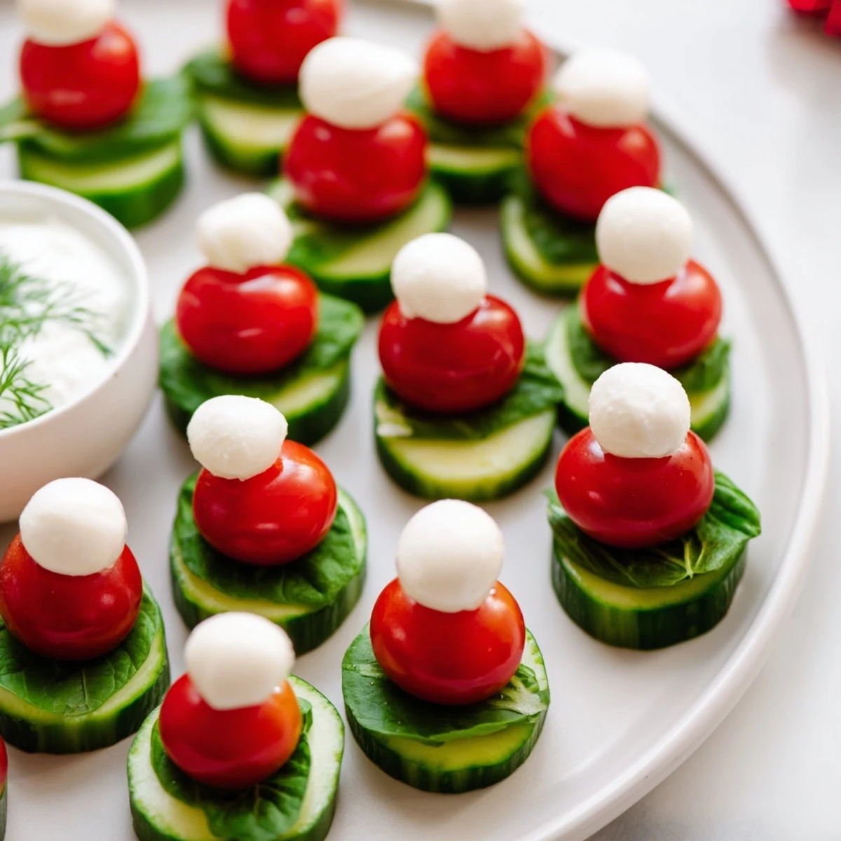 Holiday delight: A beautiful platter of Savory Crudités, arranged as Santa hats with creamy Greek yogurt.