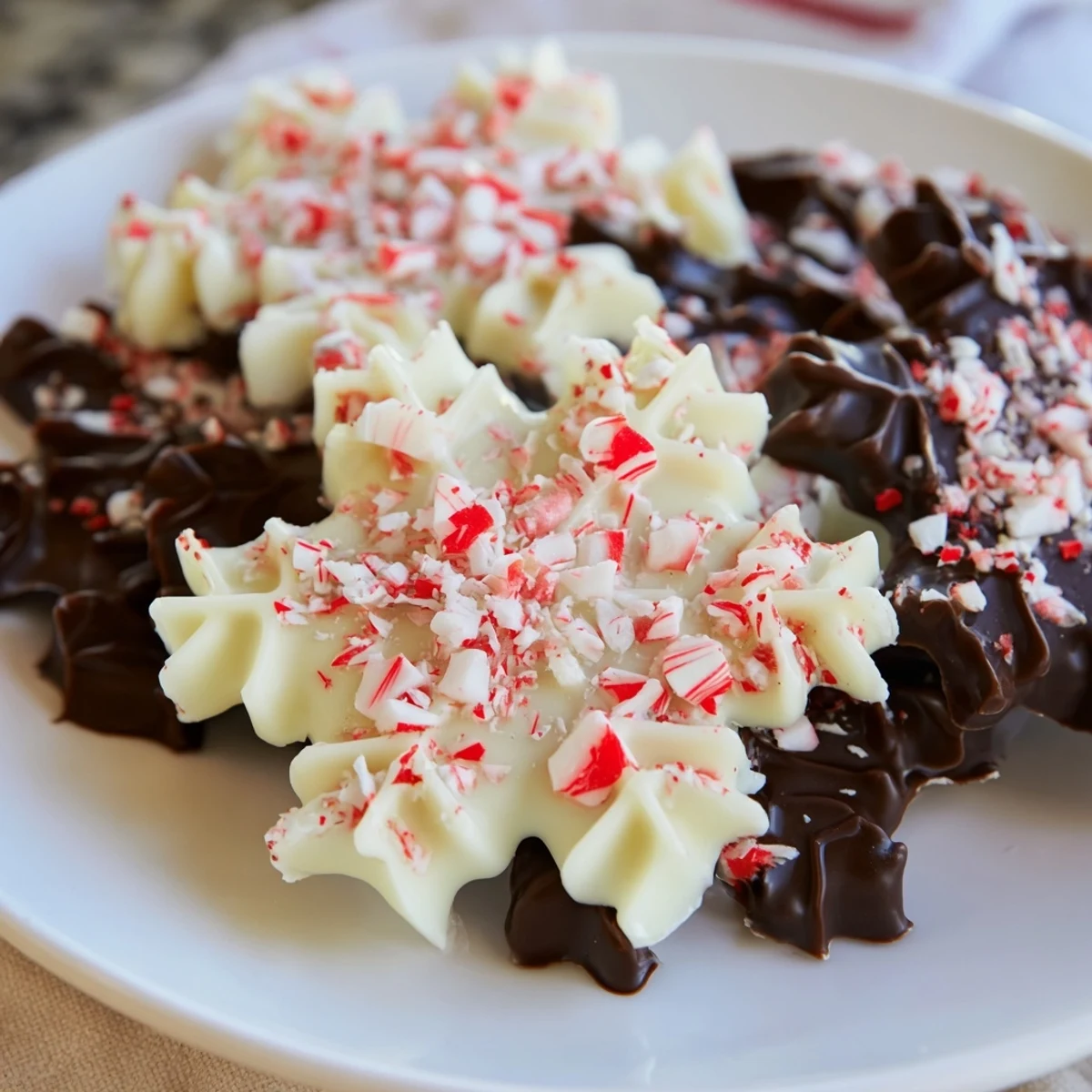 Peppermint Bark Snowflakes: A festive close-up shows layers of dark chocolate, white chocolate, and crushed peppermint.