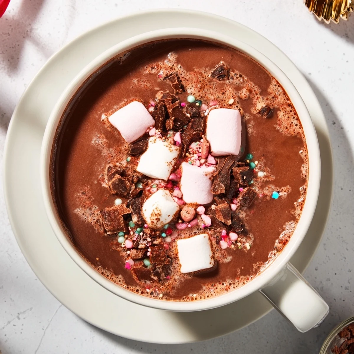 Close-up of a festive Hot Cocoa Bomb Topping Bar with colorful sprinkles and sweet treats.