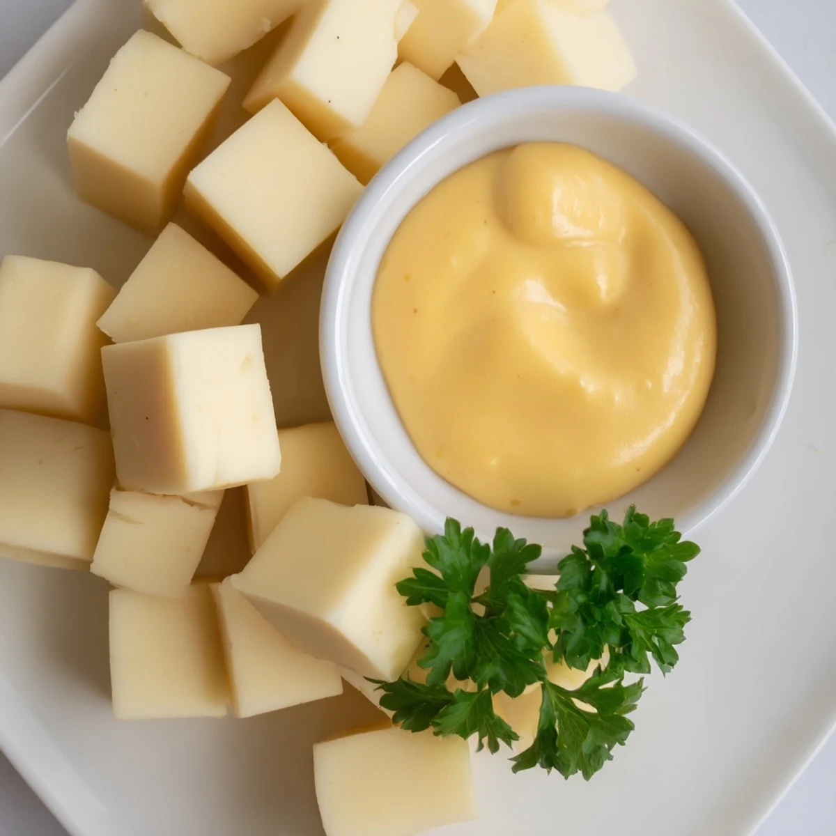 A beautiful cheese platter showcases fresh Gouda, ready to be dipped into the savory mustard sauce.