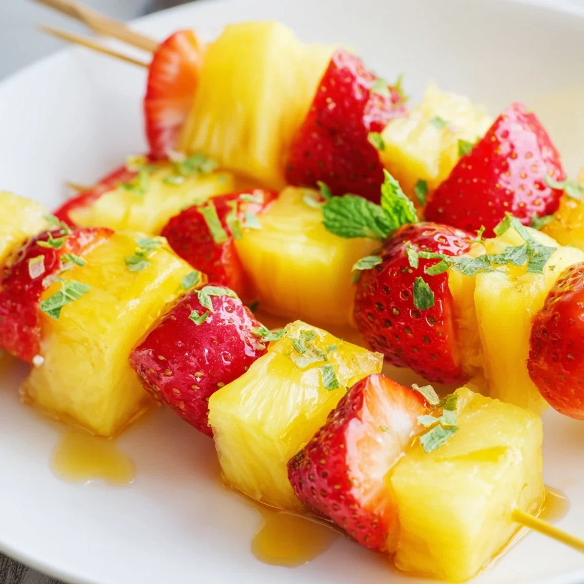 A close-up of a colorful array of fruit skewers with pineapple and strawberries, waiting to be enjoyed.