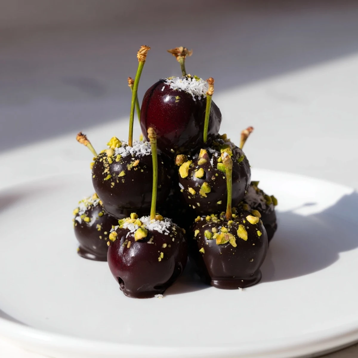Delicious chocolate-covered cherry dessert bites, arranged beautifully, a delightful vegetarian treat for any occasion.