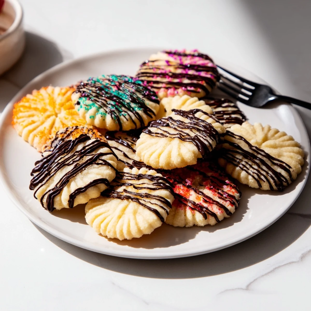 Golden-edged Spritz cookies arranged as a layered fan, a holiday treat perfect for sharing.