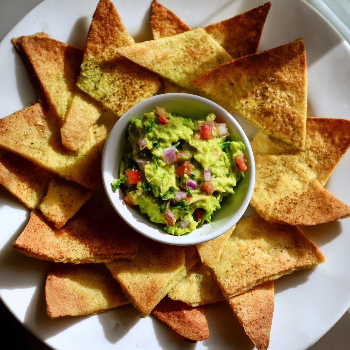 Homemade Pita Chips and Guacamole Bowl, a delightful appetizer brimming with creamy avocado and spices, ready to eat.
