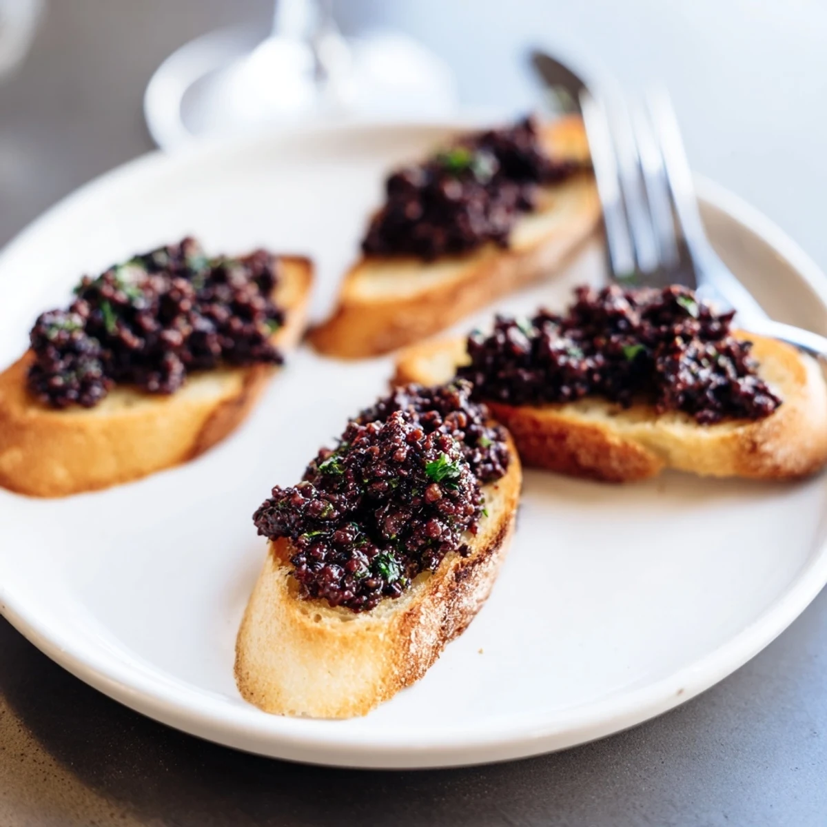 Golden, crispy baguette crostini topped with vibrant black olive tapenade, a delicious appetizer spread.