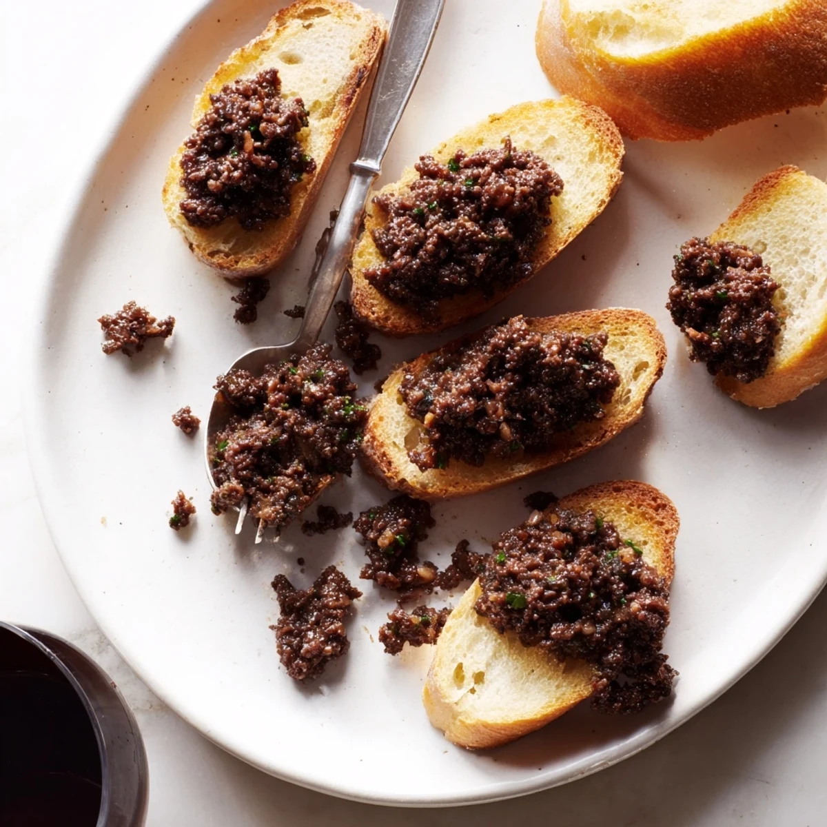 A close-up view displaying the rich, savory flavors of black olive tapenade on toasted crostini.