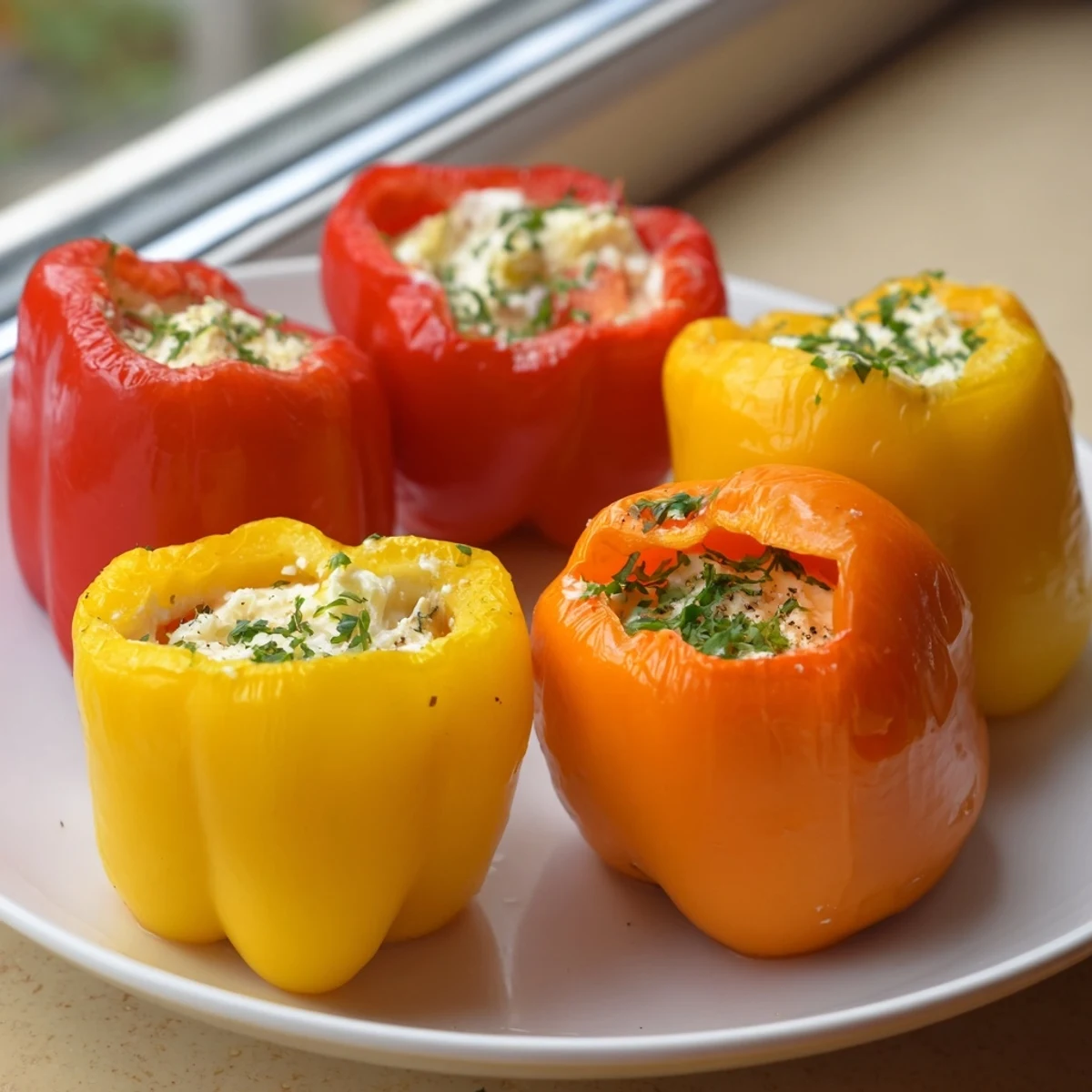 Vibrant mini bell pepper halves overflowing with creamy feta filling, ready to serve as an appetizer.
