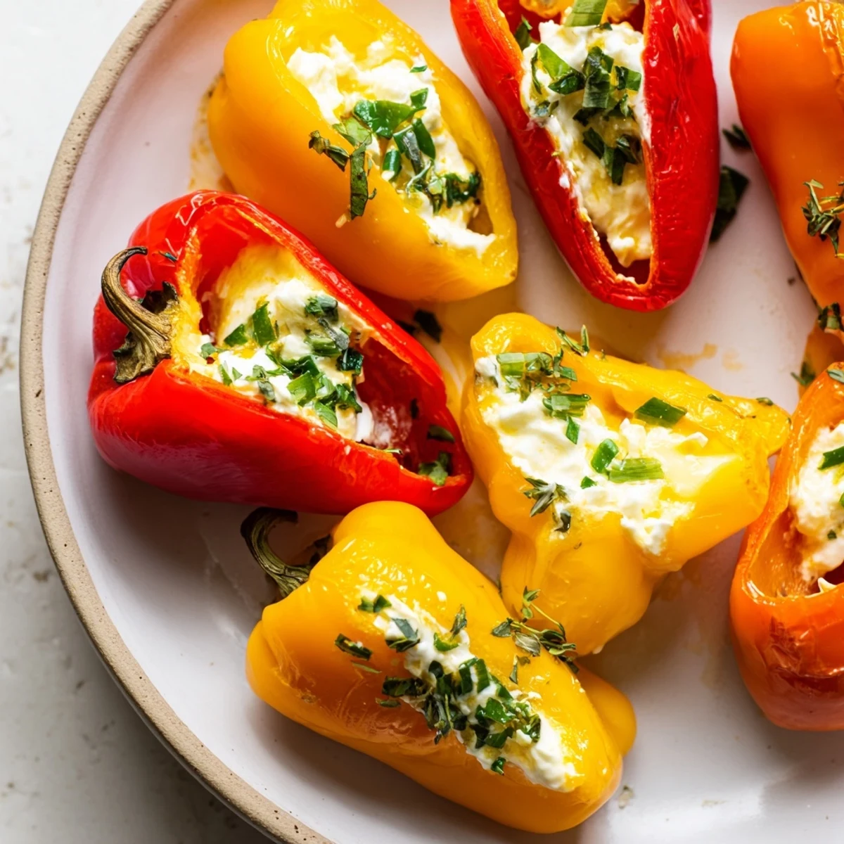 Fresh, colorful Mini Bell Pepper Halves with Feta Filling, drizzled with olive oil, look delicious and refreshing.