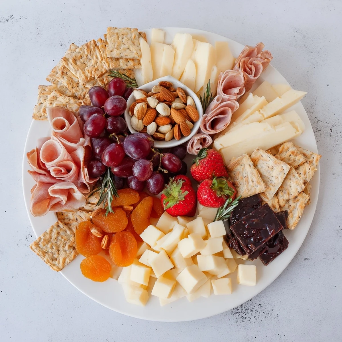 This Anniversary Heirloom Arrangement features folded prosciutto, fresh grapes, and fig jam on a wooden board.