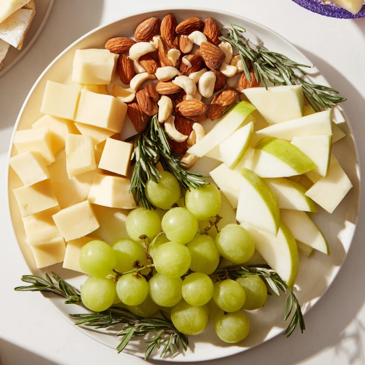Book Club Pairing Platter showing lovely cheese sections, garnished with sprigs of aromatic rosemary.