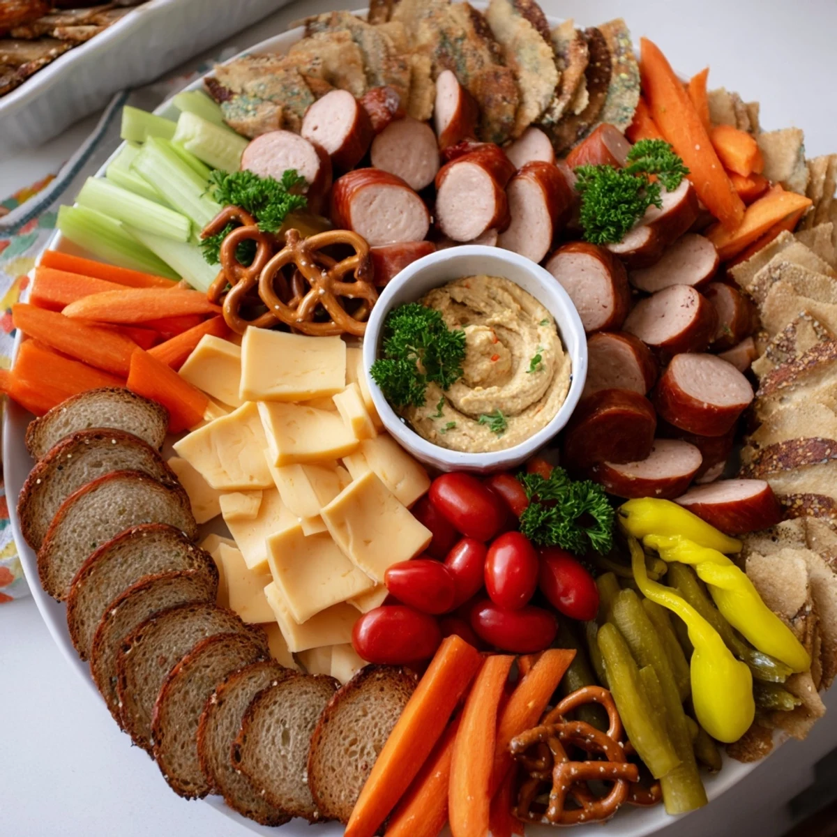 A delicious Tailgate Party Power Stack with savory meats, cheeses, crackers, and colorful veggies.