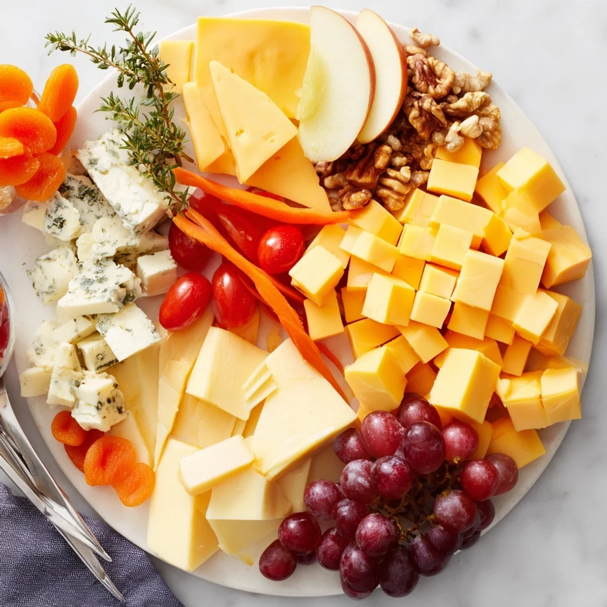 Beautifully arranged housewarming open house spread brimming with cheeses, fruits, and crackers perfect for guests.