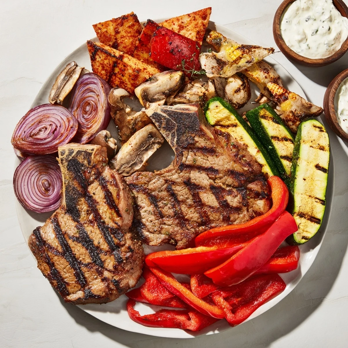 Close-up of a Backyard BBQ Companion, showing perfectly grilled meats and colorful vegetables piled high.