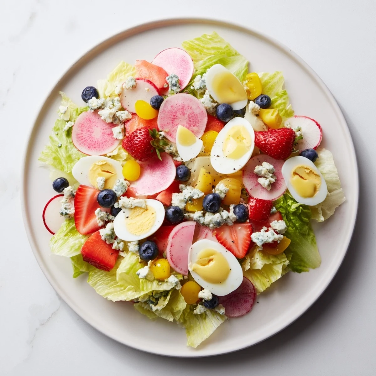A colorful serving of Baby Shower Pastel Palette Salad, beautifully arranged for a baby shower.